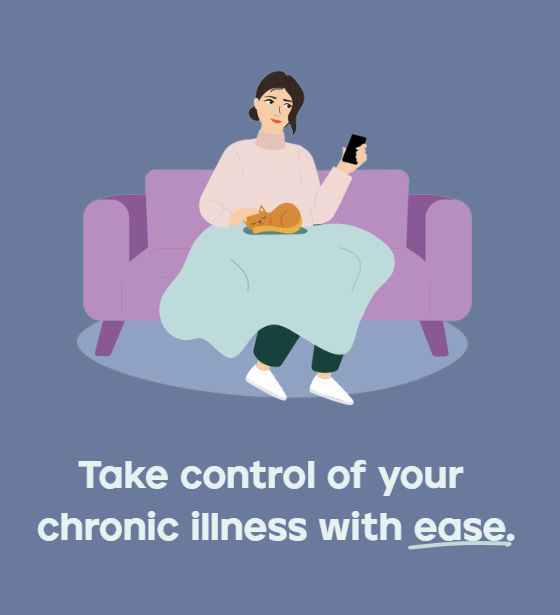 woman sitting on couch cartoon. text says 'take control of your chronic illness with ease'