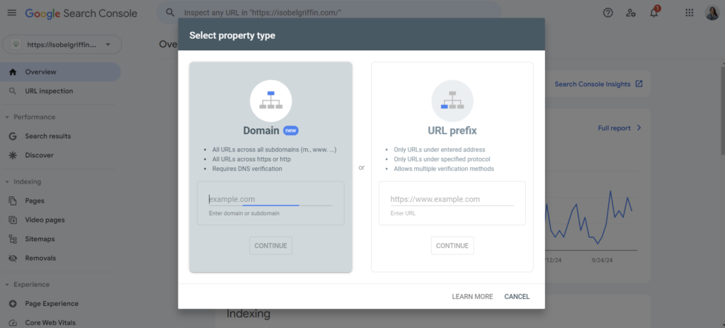 screenshot of adding a property to google search console