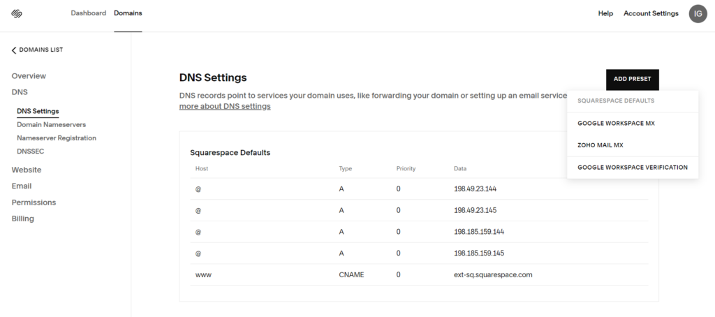 screenshot of adding a DNS record to a squarespace website 