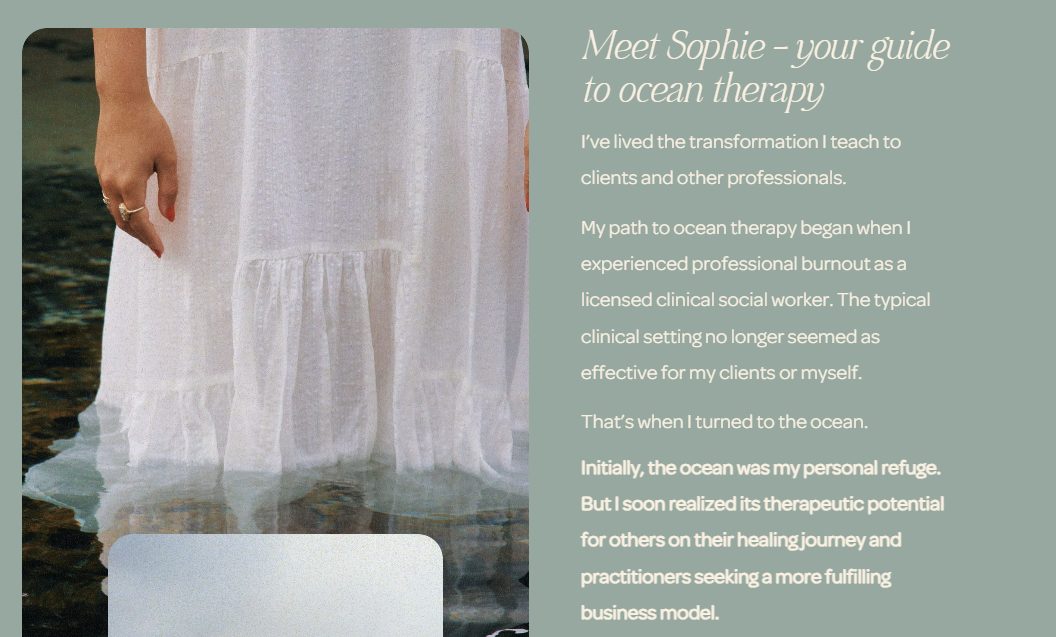 copy introducing sophie, the founder of the ocean healing & therapy program