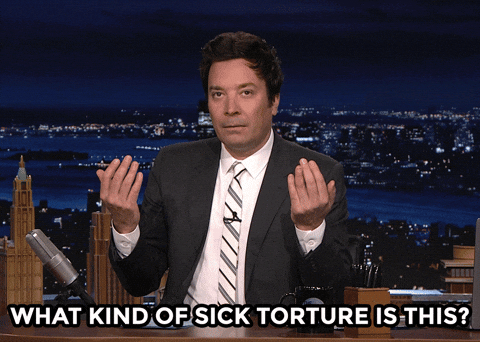 talk host with hands up saying 'what kind of sick torture is this'